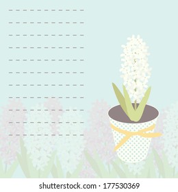 Spring background. Delicate white flowers on a green background. Hyacinth in a pot. Illustration for greeting cards, invitations, and other printing and web projects.