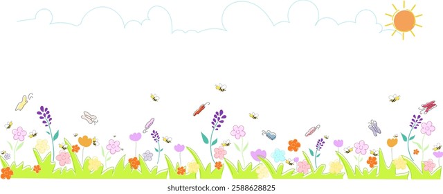 Spring background design with swarm of bees and butterflies flying around sniffing for nectar on flowers, colorful spring flowers, bright green grass, isolated on transparent background.