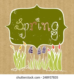Spring background with doodle growing flowers and frame on brown kraft paper backdrop.