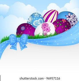 Spring background with  Easter eggs and ribbon