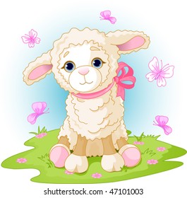 Spring background with Easter lamb and flowers