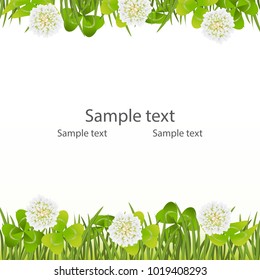 Spring background. Easter, mothers day, birthday, wedding, Patrick day, frame with clover and white flowers.The border is green grass and Shamrock.White background.Vector illustration