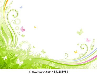 Spring background. Easter Mothers day Birthday. Flower grass leaf, butterfly abstract wave swirl, grunge floral pattern. Isolated flat modern season vector illustration. Happy springtime greeting card
