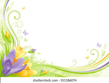 Spring background. Easter Mothers day Birthday. Snow crocus flower grass, leaf, butterfly, abstract wave line swirl, grunge floral pattern. Isolated vector illustration. Happy springtime greeting card