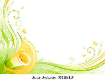 Spring background Easter Mothers day Birthday. Calla lily flower grass, leaf, butterfly, abstract wave swirl, floral pattern. Isolated modern season vector illustration. Happy springtime greeting card
