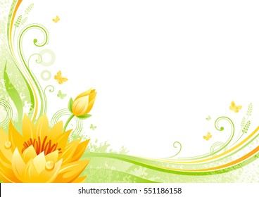 Spring background. Easter Mothers day Birthday. Water lily flower grass, leaf, butterflies, abstract grunge floral pattern. Isolated modern season vector illustration. Happy springtime greeting card