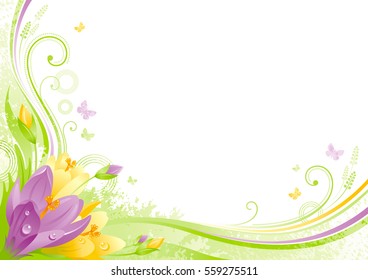 Spring background. Easter Mothers day Birthday. Crocus flower grass, leaf, butterflies, abstract grunge floral pattern. Isolated modern season vector illustration. Happy springtime greeting card