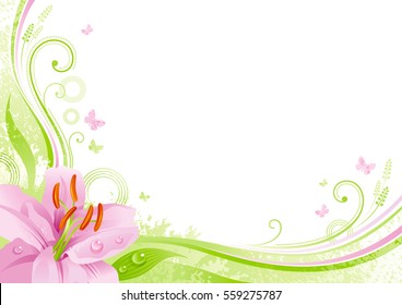 Spring background. Easter Mothers day Birthday. Lily flower grass, leaf, butterflies, abstract grunge floral pattern. Isolated modern season vector illustration. Happy springtime greeting card