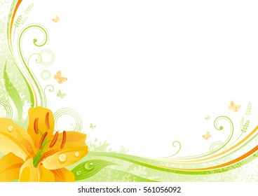 Spring background. Easter, Mothers day, Birthday, Wedding. Lily flower grass, leaf, butterfly, abstract grunge floral pattern. Isolated modern season vector illustration Happy springtime greeting card
