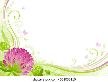 Spring background. Easter, Mothers day, Birthday, Wedding, Patrick. Clover shamrock flower, leaf, butterfly, grunge floral pattern. Isolated flat vector illustration. Happy springtime greeting card