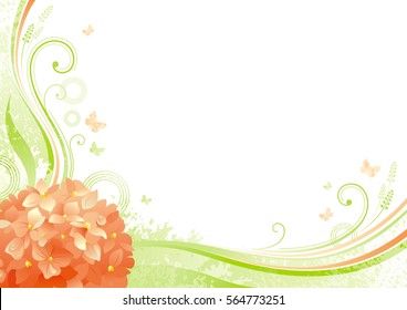 Spring background. Easter Mothers day Birthday Wedding invitation. Hydrangea flower grass, leaf, butterfly, grunge floral pattern. Isolated season vector illustration. Happy springtime greeting card