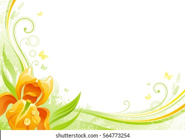Spring background. Easter, Mothers day, Birthday, Wedding invitation. Iris flower, leaf, butterfly, grunge floral pattern. Isolated modern vector illustration. Happy springtime greeting card border