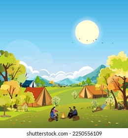 Fondo primaveral con familia disfrutando de vacaciones acampando en el campo, Grupo de personas sentadas cerca de la carpa y fogata divirtiéndose juntos,Vector paisaje rural en el árbol del bosque de verano 