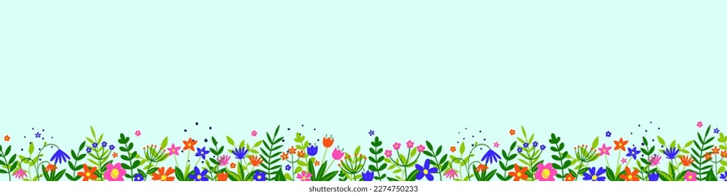 Spring background. Floral banner with colourful blooming flower and leaves. Panoramic header. Vector illustration
