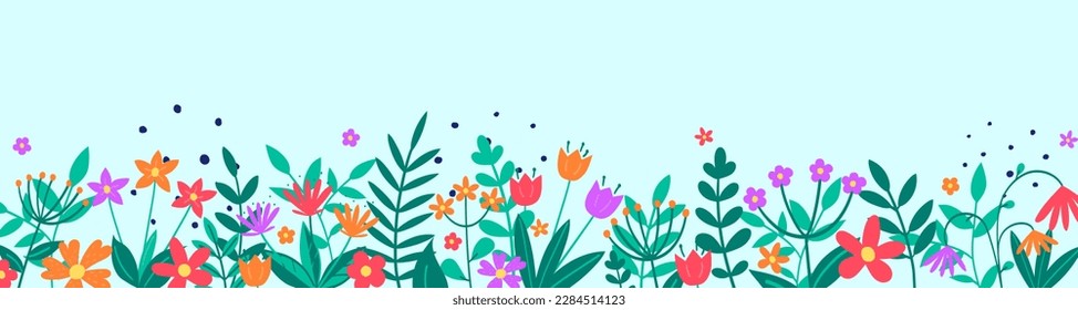 Spring background. Floral banner with colourful blooming flower and leaves. Panoramic header. Vector illustration