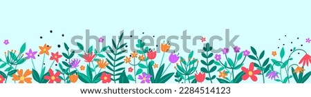 Spring background. Floral banner with colourful blooming flower and leaves. Panoramic header. Vector illustration