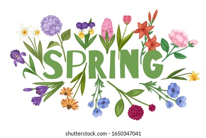 Spring background, floral card with garden flowers botanical vector illustration. Summer or spring flower floral save the date isolated on white background.