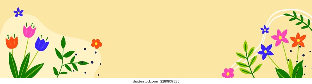 Spring background. Floral card with hand drawn blooming flower and leaves. Banner. Vector illustration
