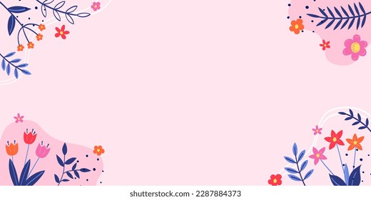 Spring background. Floral card with hand drawn blooming flower and leaves. Vector illustration