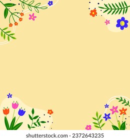 Spring background. Floral card with hand drawn blooming flower and leaves. Vector illustration