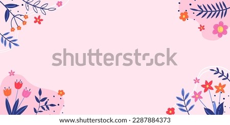 Spring background. Floral card with hand drawn blooming flower and leaves. Vector illustration