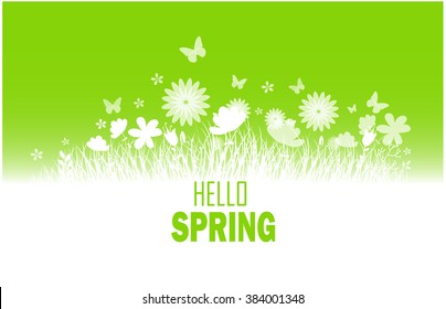 Spring background with flower, butterflies and grass silhouette.Vector
