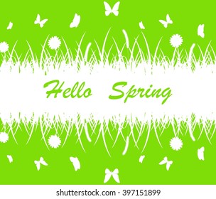 Spring background with flower, butterflies and grass silhouette