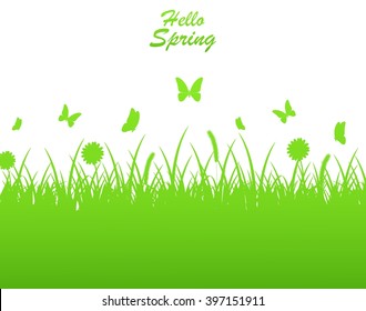 Spring background with flower, butterflies and grass silhouette
