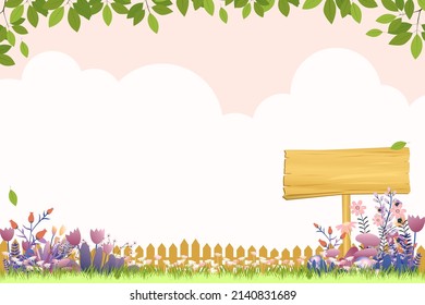 Spring background of flower field, wood fence, green leaves border on pink sky,Vector banner with copy space of cute Summer scene with wooden banner and flowers blooming ,Easter,Holiday season concept