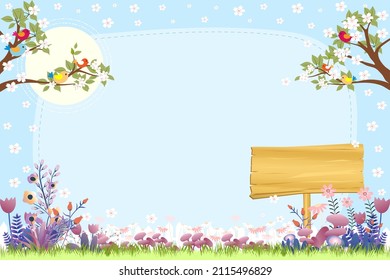 Spring background with flower fields and Cherry blossom with blue sky and copy space for text,Vector banner cute Summer scene with wooden banner and flowers blooming,Concept for Easter or Holiday card