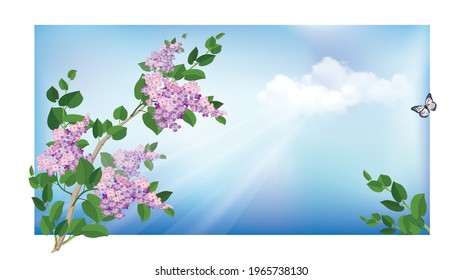 Spring background with flowering branches of lilacs against the sky with clouds. Vector illustration with place for text. 