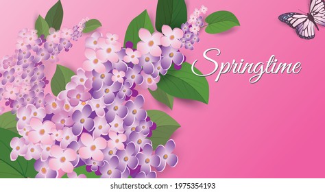 Spring background with flowering branches of lilacs and place for text. Vector illustration with the inscription Springtime. 