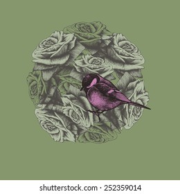 Spring background with flowers and bird titmouse, hand-drawing. Vector illustration.