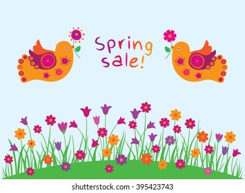 Spring background with flowers and birds. Doodles, sketch for your design. Vector illustration.