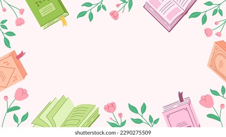 Spring background with flowers and books. Banner poster template with place for text useful to use for invitations, promotion, sales, offer.