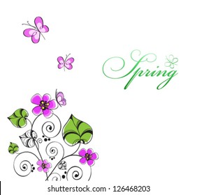 Spring background with flowers and butterflies
