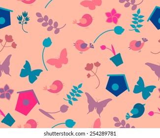 Spring background with flowers, butterflies and birds. Vector seamless pattern