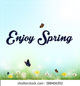 Spring background with flowers and butterflies in meadow.Vector