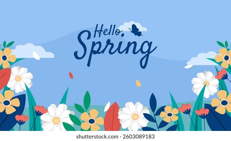 spring background with flowers and butterfly. Vector illustration