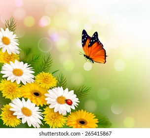 Spring background. Flowers and a butterfly. Vector.