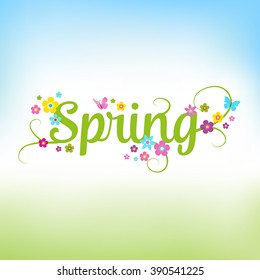 Spring background with flowers. Can also be used as a sales poster. Seasonal vector illustration with typographical lettering.