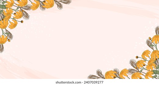 Spring background of Flowers composition frame border on beige background.Vector Flat lay design banner of flower Summer with cute flora ornament and copy space for Mother Day,Easter Banner