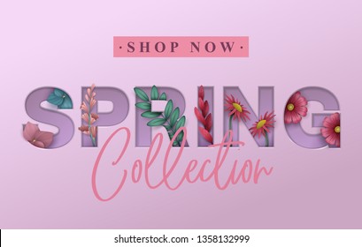 Spring background with flowers. Cut out paper letters. Vector illustration.