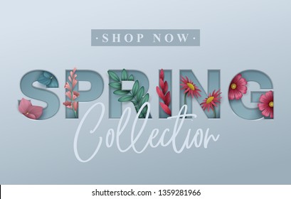 Spring background with flowers. Cut out paper letters. Vector illustration.