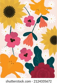 Spring background with flowers. Daisy, lily, rose, sunflower. Design