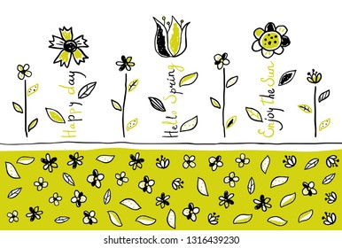Spring background with flowers  in doodle style. Flower sketch composition. Lettering design for postcard, greeting card, posters, invitation. Vector illustration