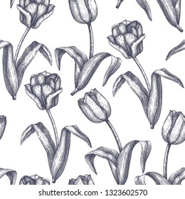 Spring background with flowers drawings. Hand drawn botanical elements. Floral seamless pattern.  High detailed engraved Tulips. Perfect for banner design, textile, wrapping paper.