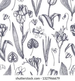 Spring background with flowers drawings. Tulips, crocus, freesia, iris, narcissus, snowdrops, cyclamen. Floral seamless pattern. Hand drawn forest and garden plants illustration. Vintage design. 