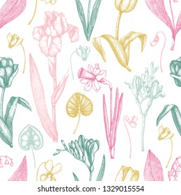 Spring background with flowers drawings. Tulips, crocus, freesia, iris, narcissus, snowdrops, cyclamen. Floral seamless pattern. Hand drawn forest and garden plants illustration. Vintage design. 
