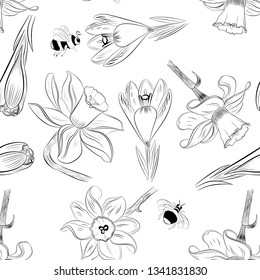Spring background with flowers drawings. Tulips, crocus, freesia, iris, narcissus, snowdrops, cyclamen. Floral seamless pattern. Hand drawn forest and garden plants illustration. Vintage design.